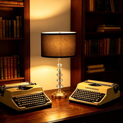 Modern Crystal Table Lamp with Gold Base & Black Fabric Shade (Crystal bead column+Black)