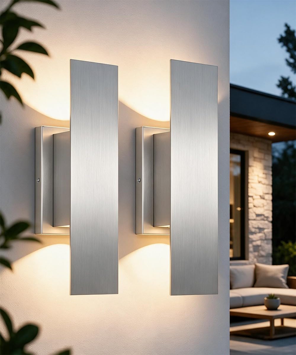 2 Pack Nickel Outdoor LED Up Down Wall Sconces (Brushed Nickel)