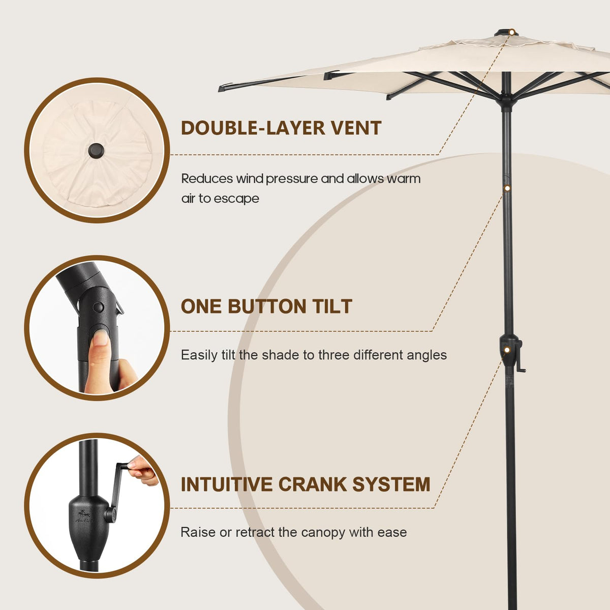 7.5FT Lyon Outdoor Patio Umbrella Outdoor Table Umbrella with Push Button Tilt and Crank Market Umbrella 6 Sturdy Ribs UV Protection Waterproof for Garden Deck Backyard Pool Beige (7.5 FT(6 Ribs) / Beige)