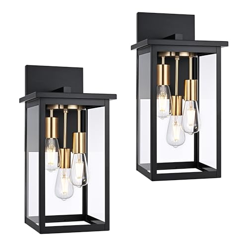 2 Pack Large Outdoor Wall Light Fixtures (Black & Brass / 3-Light, 2-Pack)