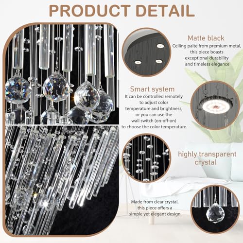 D48''X H120'' Extra Large Chandelier for High Ceilings LED Dimmable Crystal Raindrop Chandeliers Large Black Chandelier for Villa Entrance Foyer (Black / D48"X H120")
