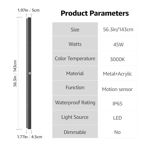 2 Pack 56.3inch Motion Sensor Long Outdoor Wall Lights 45W Black 3000K Warm White Motion Porch Lights IP65 Waterproof Exterior Wall Light Fixtures for Garage Patio Porch (56.3inch)