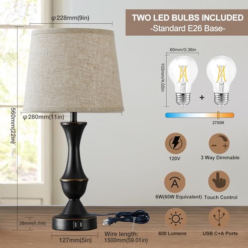 Upgraded Touch Table Lamps Set of 2 (Black, Beige / 22in)