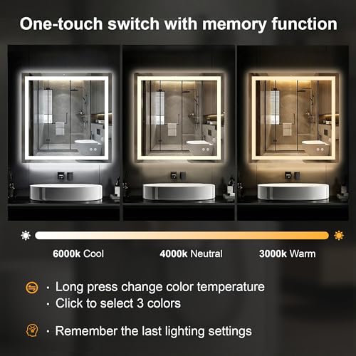30x30 LED Bathroom Mirror with Lights (Rec Corner-3 Light Modes / 30"L x 30"W)