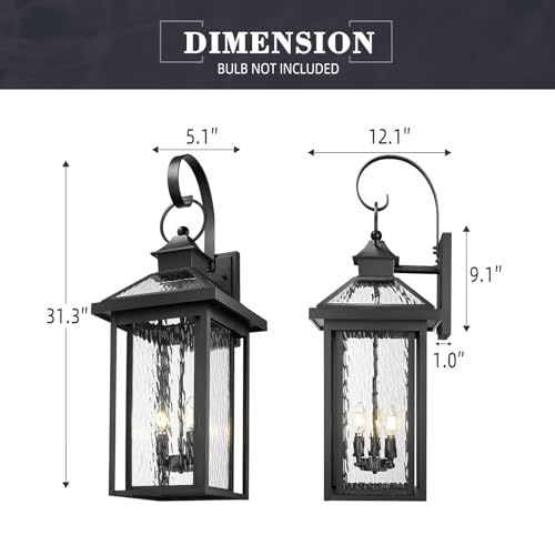 Extra Large Outdoor Wall Lighting (Black - Water Ripple Glass / 31.3 Inch - No Function)