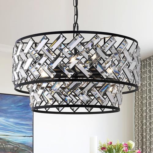 20" Black Crystal Chandelier (Large Drum Black)