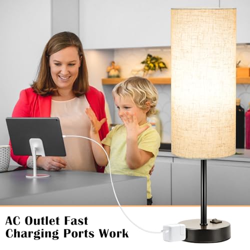 Table Lamp for Bedroom 2 Pack (Flaxen Fabric Shade Black Base / 18inch)