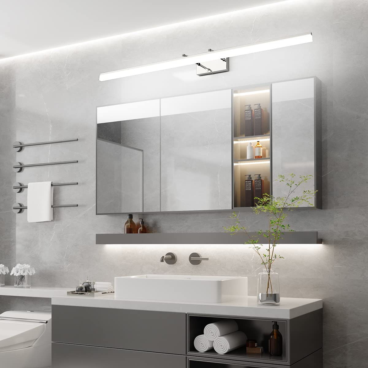 48 inch LED Vanity Lights Adjustable Bathroom Wall Light Fixtures Bathroom Lighting Fixture Over Mirror Chrome Modern Vanity Lighting 5500K (Chrome / 47.2 in)