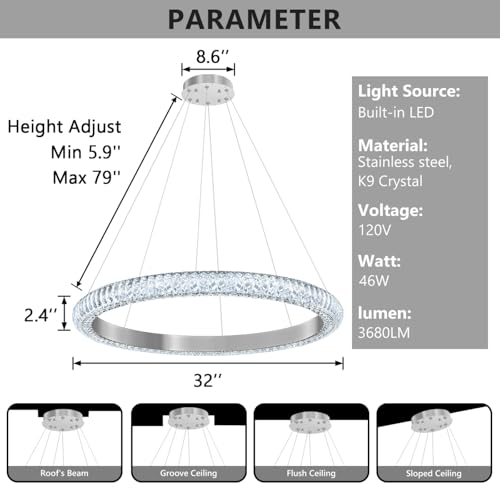 31.5" 1 Ring Crystal Chandelier Modern LED Dimmable Ring Pendant Light Chandelier for Dining Room Living Room Silver (Silver / 1 Ring Round 32")