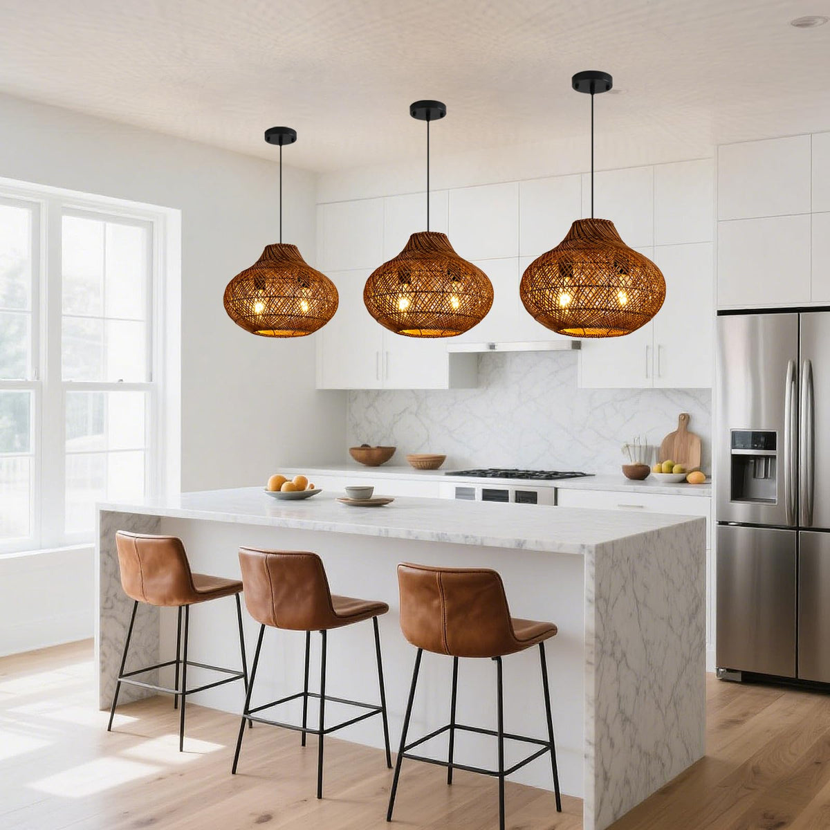 15" Rattan Pendant Light (Metal+Brown / 14.96" 2-Light)