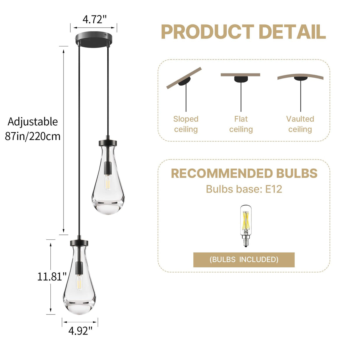 Raindrop Pendant Light Fixtures of 2 Lights (Black / 2 Head)