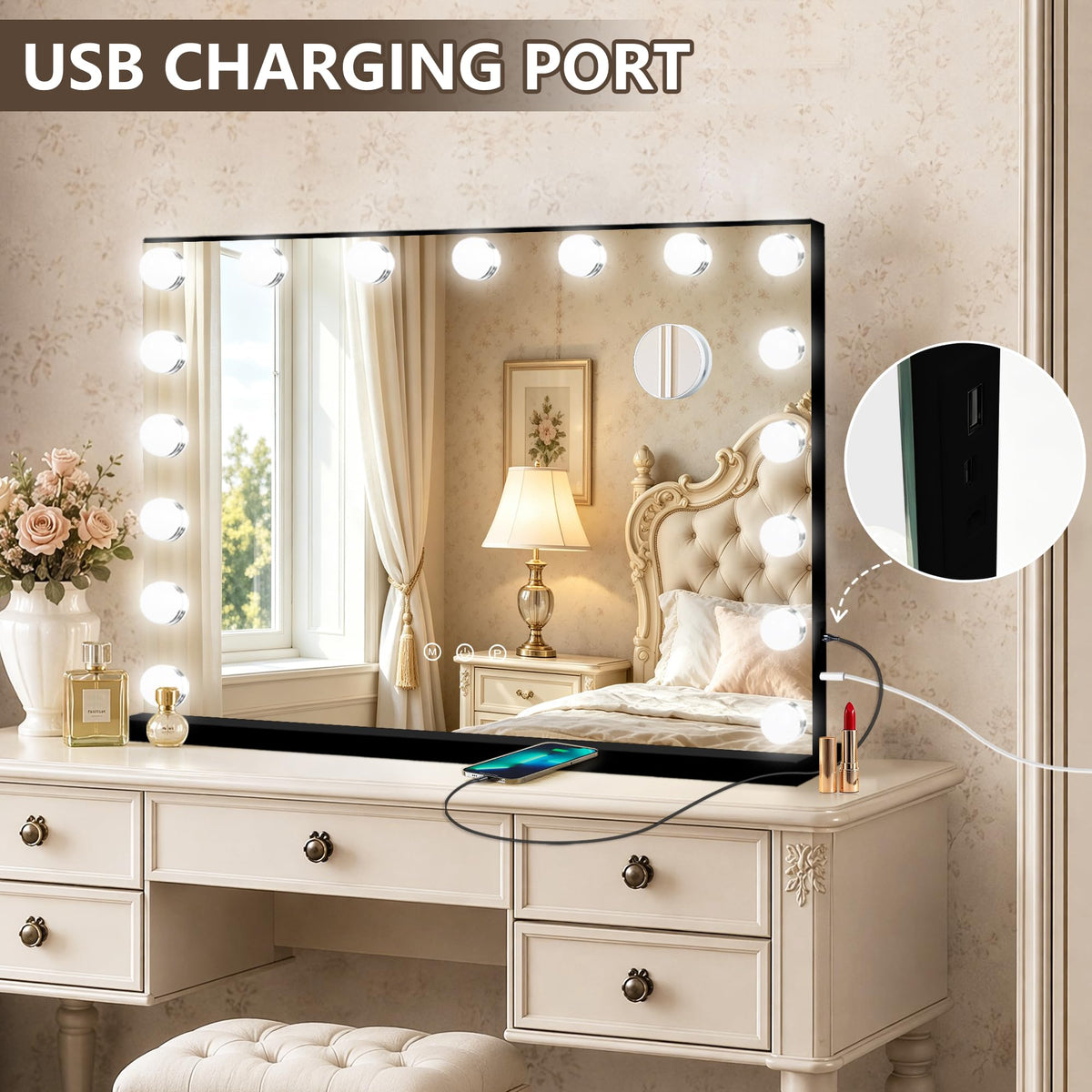 Black Hollywood Vanity Mirror with Lights (Black / 28"L x 20"W)