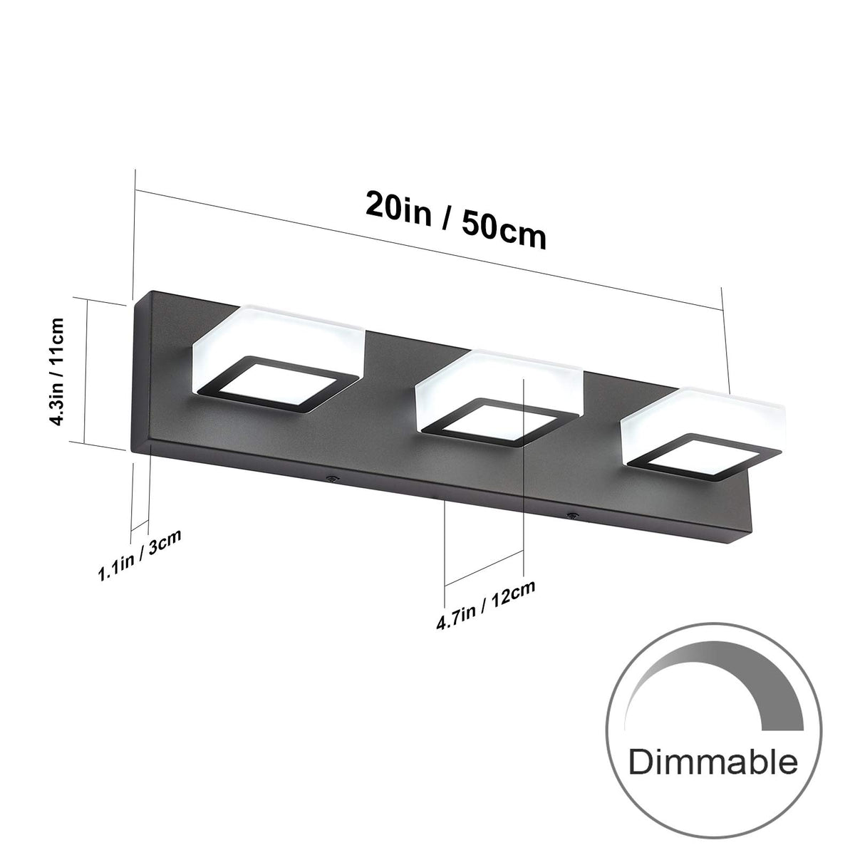 3 Light Dimmable Bathroom Vanity Light LED Modern Matte Black Vanity Wall Light Acrylic Stainless Steel Bathroom Vanity Lighting Fixtures (Black-Dimmable / 20 inch)
