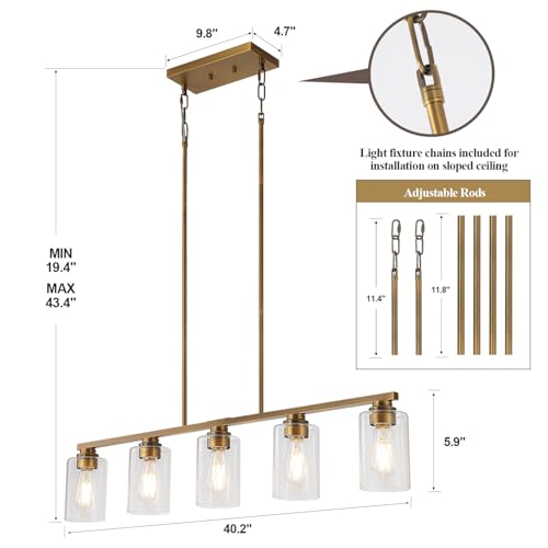 Island Light for Kitchen (Brushed Brass / 5 Light + Clear Glass)