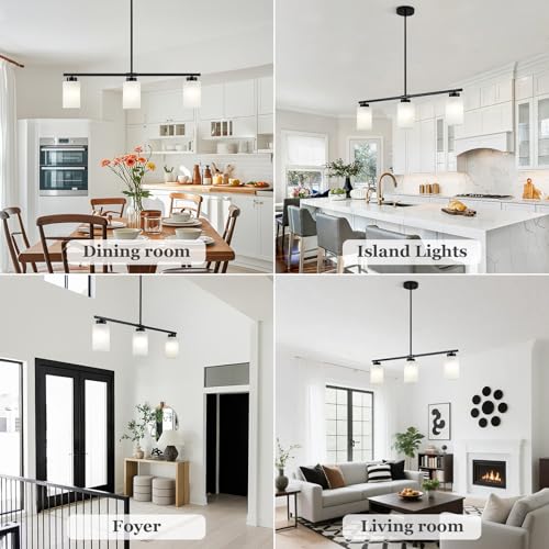 31" Kitchen Island Lighting 3 Light Black Pendant Light for Kitchen Island with Milk Glass Shade Modern Linear Chandelier Adjustable Hanging Farmhouse Light Fixtures Over Dining Table Living Room (Black / 3-light)