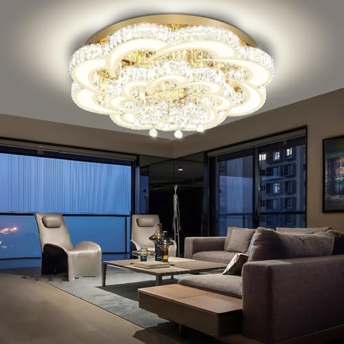 Dia 40'' Modern Crystal Chandelier Flush Mount Crystal Ceiling Light Fixture Dimmable LED Large Ceiling Chandelier for Living Room Dinning Room Bedroom (Gold / Dia 40")