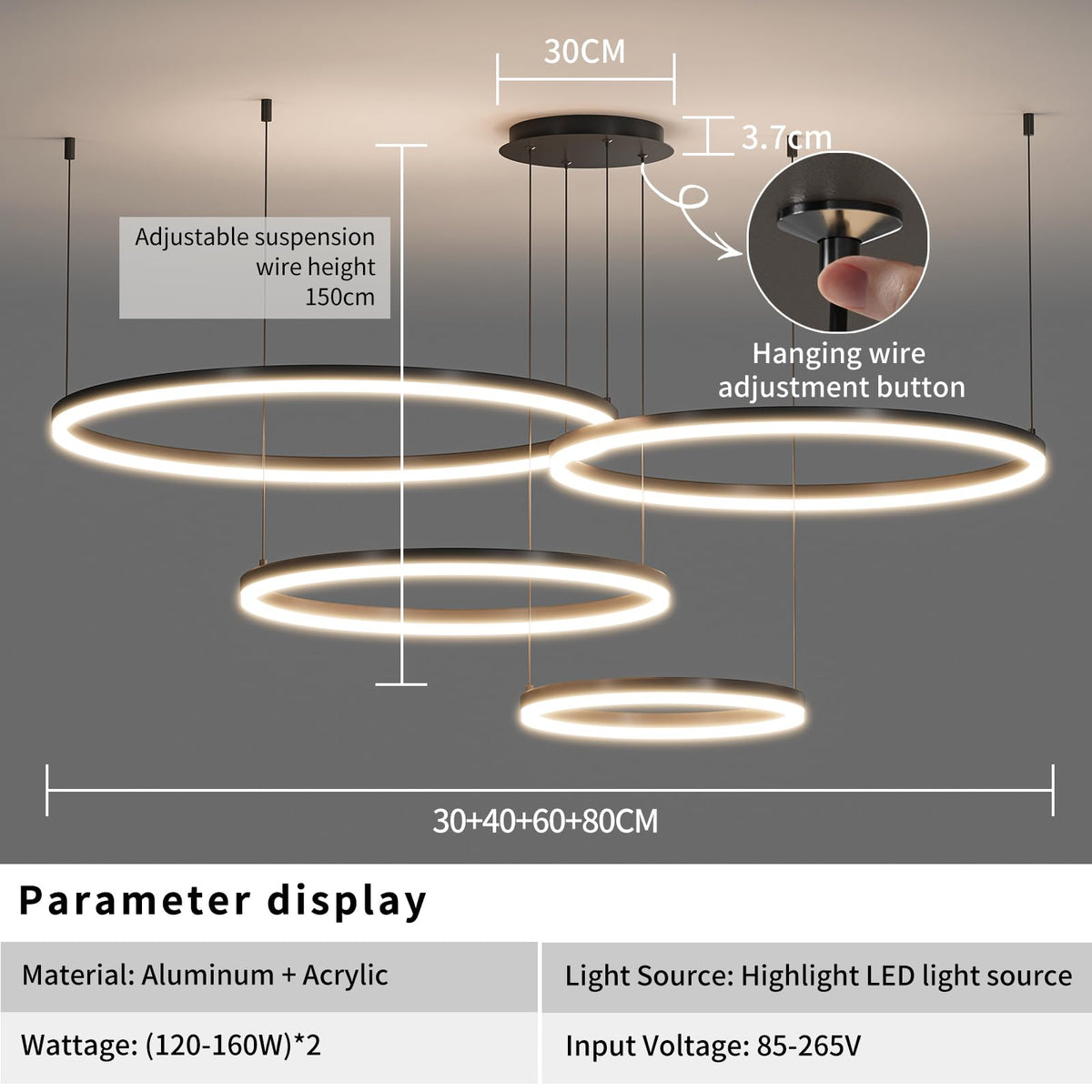 Modern Ceiling Chandelier Light (Black / 11.8+15.7+23.6+30.3in)