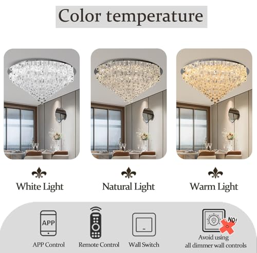 48in Chrome Crystal Chanderliers for Living Room Entryway Modern Crystal Folwer Ceiling Light for Foyer LED Dimmable Lighting 2700k 4500k 6000k (Silver / 48inch)