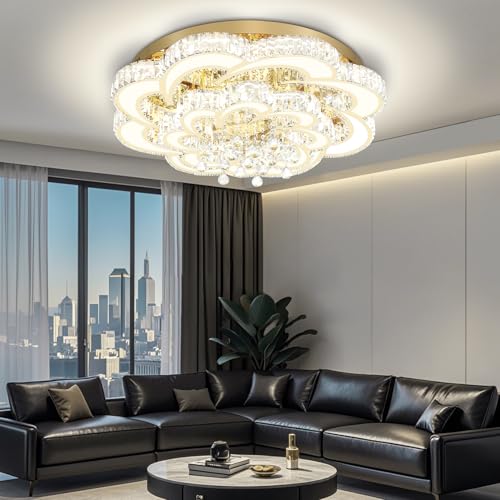 Dia 32'' Modern Crystal Chandelier Flush Mount Crystal Ceiling Light Fixture Dimmable LED Ceiling Chandelier for Living Room Dinning Room Bedroom (Gold / Dia 32")