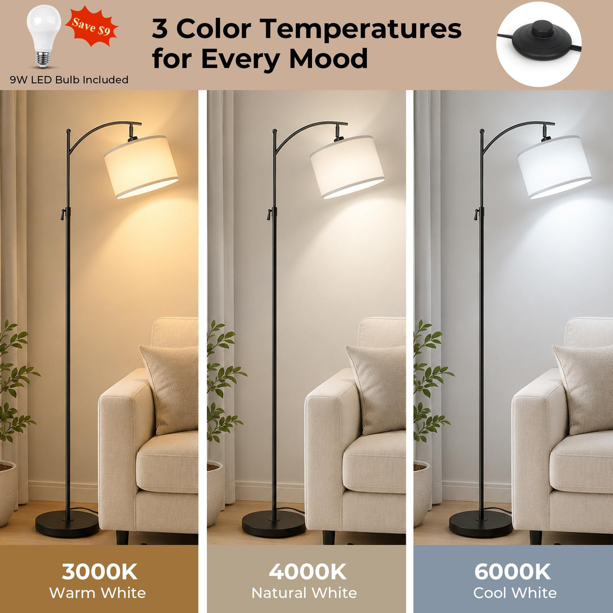Black Arc Floor Lamp 55 (Black+White Shade-Arc)