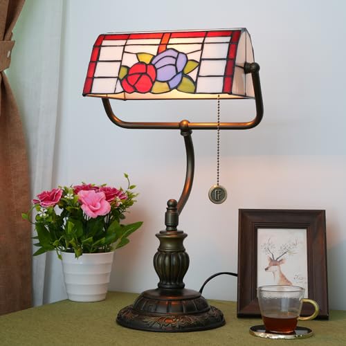 Tiffany Bankers Lamp Red Blue Rose Flowers Stained Glass Desk Lamp with Zipper Pull Chain Tiffany Style Vintage Bedroom Bedside Light Adjustable Angle Aesthetic Antique Accent Reading Desk Light (Red Blue Rose Flowers)