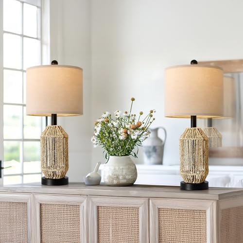 21" Boho Table Lamps Set of 2 for Living Room (Wood Brown and Black)