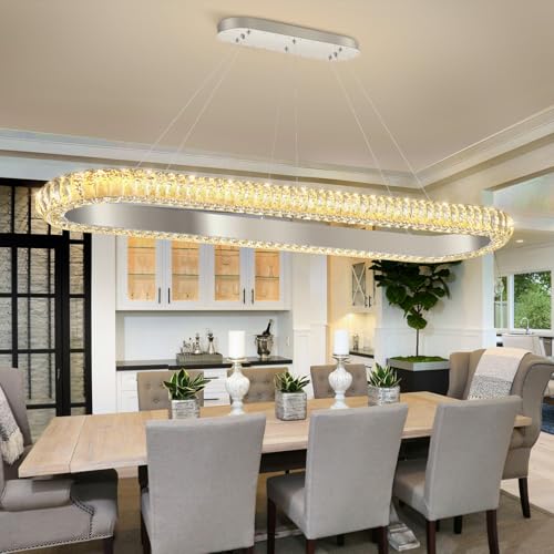 47'' Oval Ring Crystal Chandelier Modern LED Dimmable Ring Pendant Light Chandelier for Dining Room Living Room Silver (Silver / 1 Ring Oval 47")