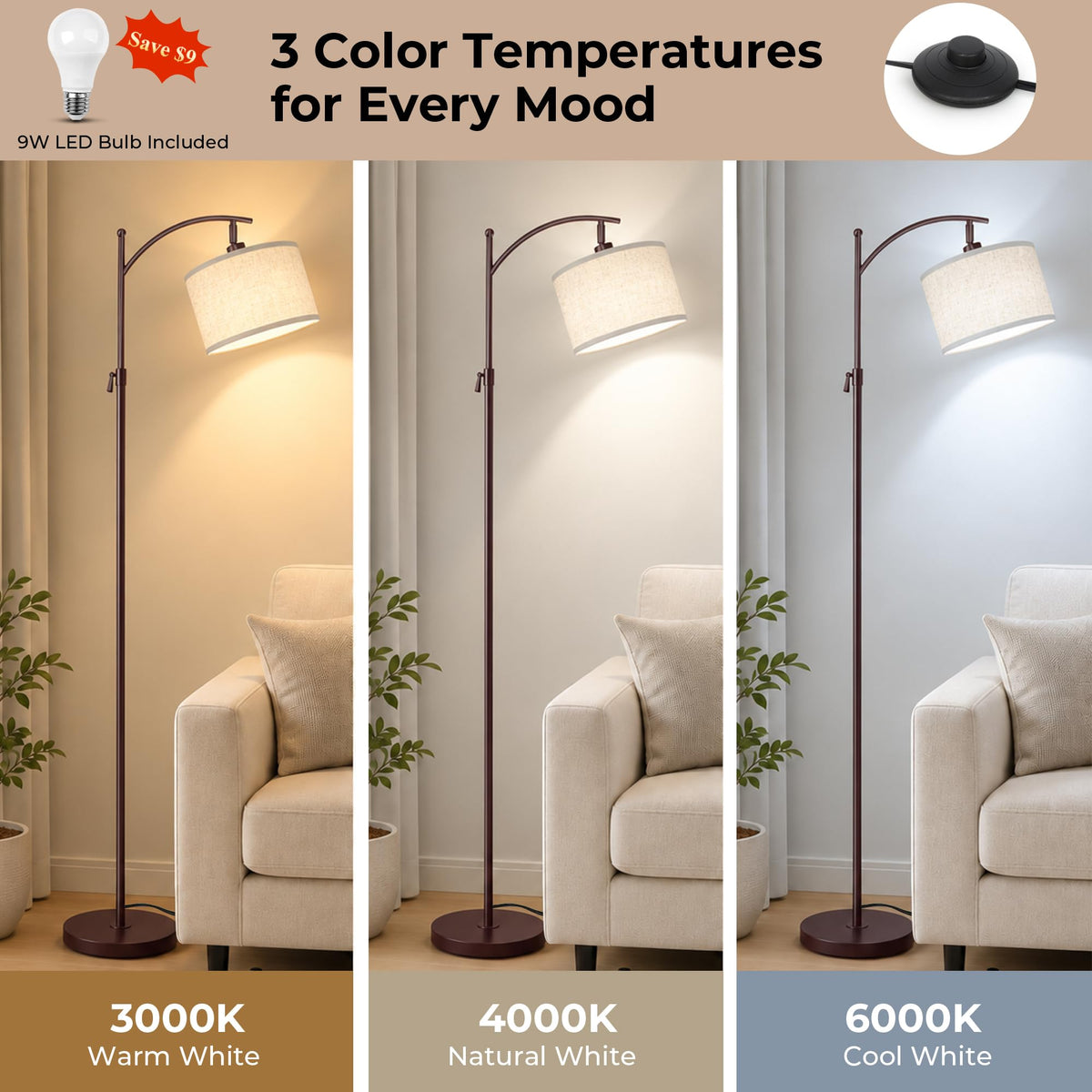Modern Brown Floor Lamp Adjustable Height 55 (Brown+Beige Shade-Arc)