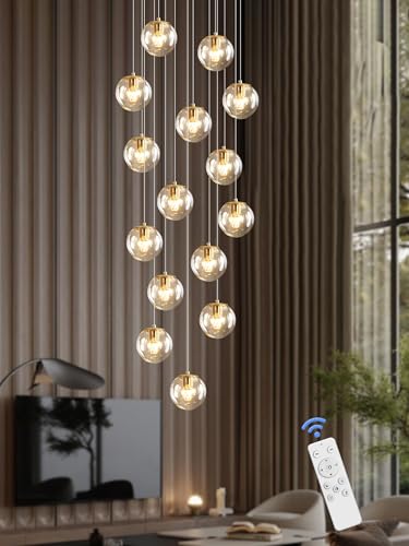 15 Light Gold Chandelier with Globe Glass Dimmable Ceiling Light Glass Pendant Light for Kitchen Island (Gold-Clear / Globe 15-Light)