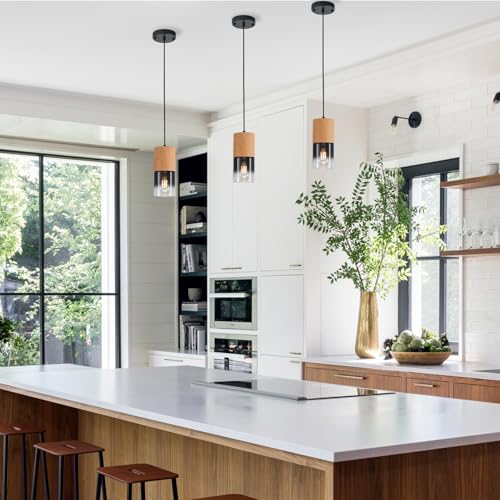 3 Pack Modern Pendant Lights for Kitchen Island (Wood Grain & Black—Cord / 3 Pack)