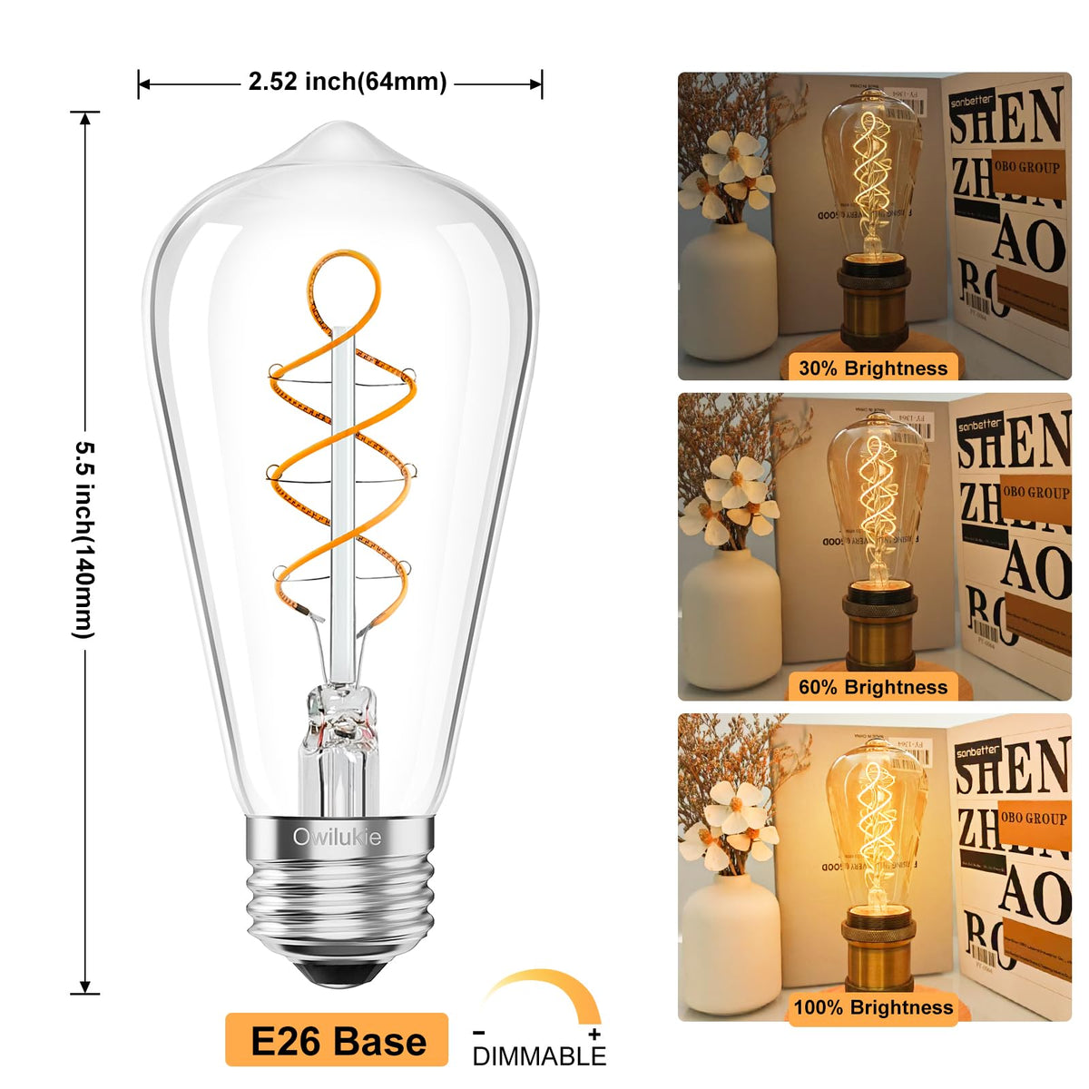 ST64 E26 LED Bulb 4W Equivalent 40 watt Edison Bulbs (Clear 4w-2700k 4pcs)