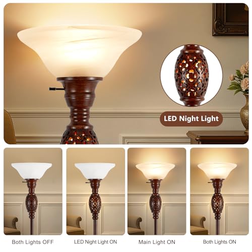 70" Torchiere Floor Lamp with NightLight & Etched Glass Shade (Brown)