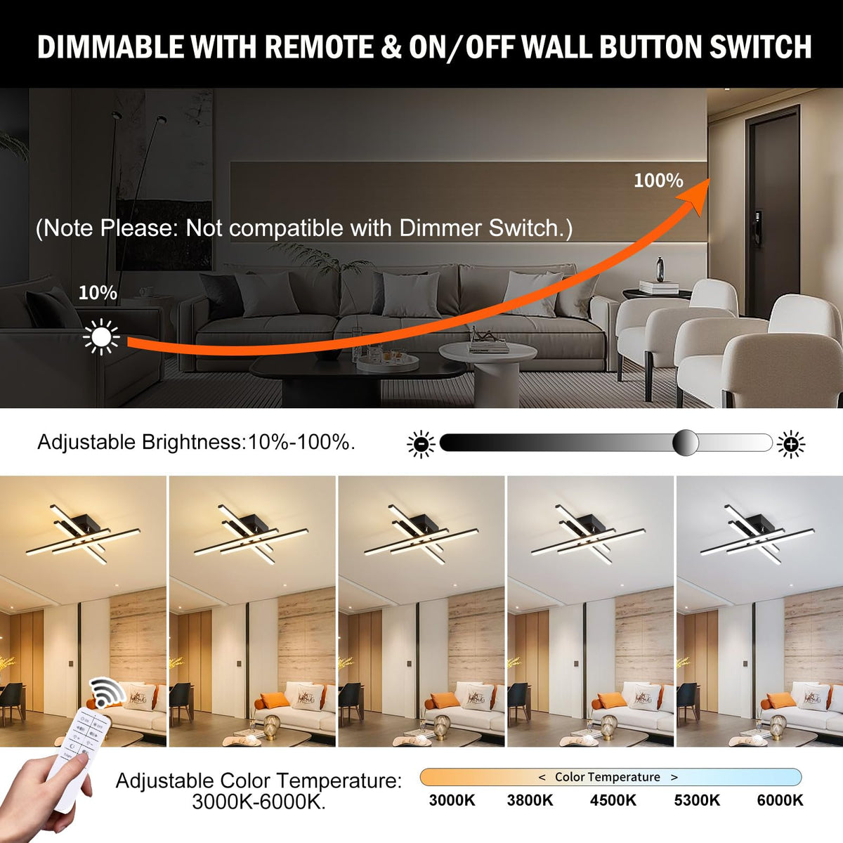 Modern LED Ceiling Light with Remote (4-Square-Black)