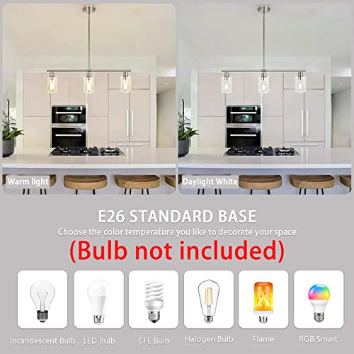 3 Lights Kitchen Island Lighting Brushed Nickel Pendant Light Fixtures with Glass Shade 31" Dining Room Chandeliers Adjustable Height Modern Linear Ceiling Hanging Light for Living Room (Brushed Nickel / 3-light)