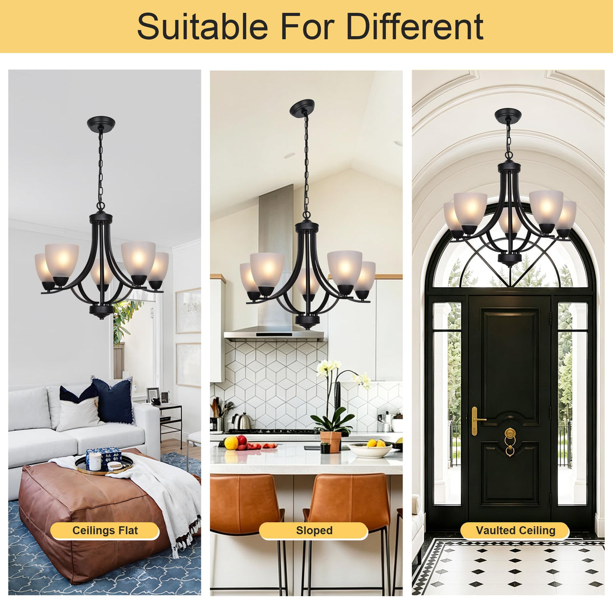 5 Light Shaded Contemporary Chandeliers with Alabaster Glass Black Rustic Light Fixtures Ceiling Hanging Mid Century Modern Pendant Lighting for Dining Room Foyer Bedroom Living Room (Black / 5 Light)