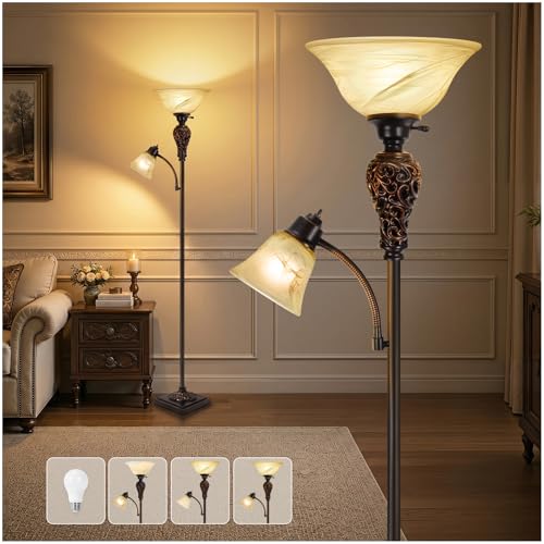 Vintage Torchiere Floor Lamp with Adjustable Reading Light (Brown)