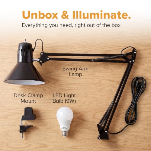 Office VLF100 LED Swing Arm Desk Lamp with Clamp Mount (36" Reach / Clamp, Black)