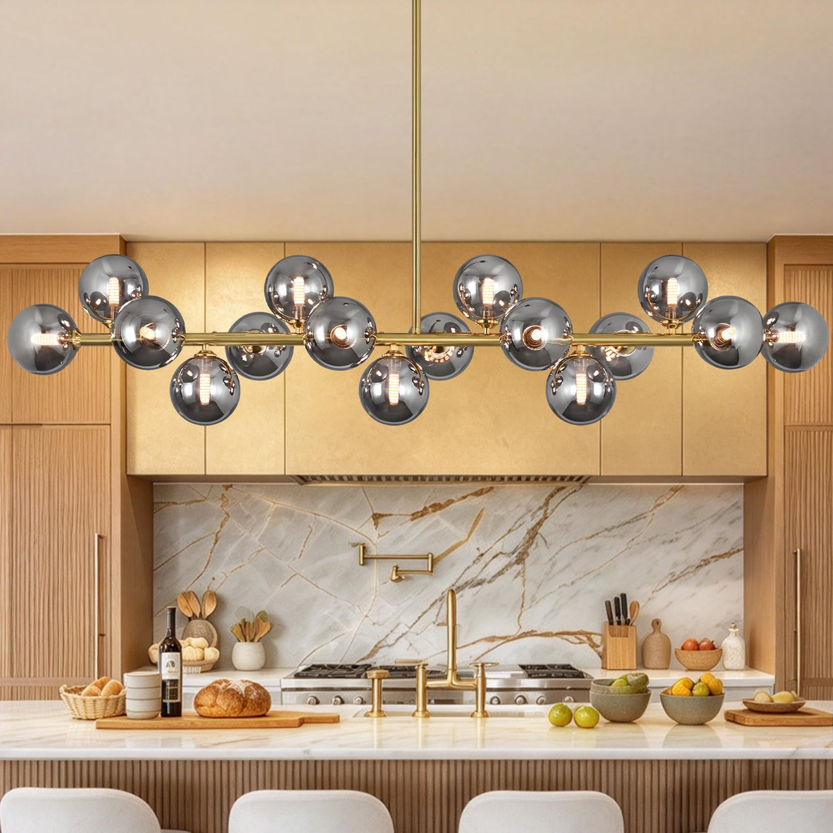 16 Lights Linear Chandeliers for Dining Room (Gold and Smoke Gray Shade / 55inch)