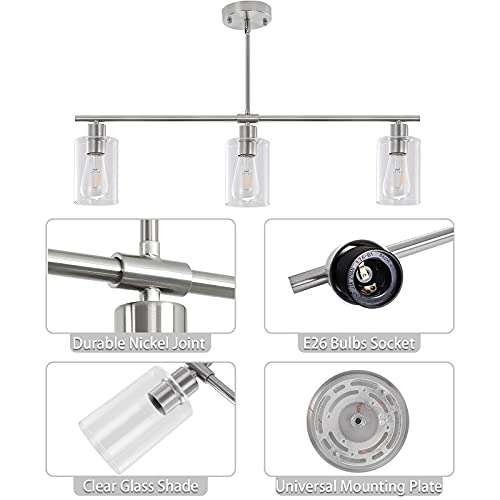 3 Lights Kitchen Island Lighting Brushed Nickel Pendant Light Fixtures with Glass Shade 31" Dining Room Chandeliers Adjustable Height Modern Linear Ceiling Hanging Light for Living Room (Brushed Nickel / 3-light)