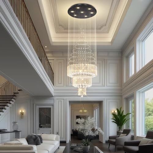 D24''XH86'' Modern Foyer Chandelier for High Ceiling Raindrop Crystal Chandelier High Ceiling Pendant Light Fixture for Hallway Living Room (Black / D24"X H86")