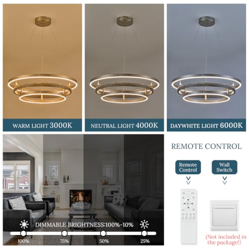 3 Ring LED Chandelier Modern Chandeliers Black Brushed Nickel Dimmable 24'' (Black Nickel / 24 inch)