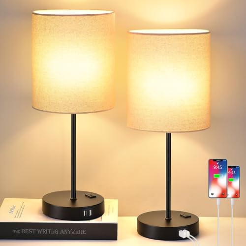 Set of 2 Touch Beige Table Lamps with 2 USB Ports & AC Outlet (Beige Linen & Matte Black (Base) - 2700K)