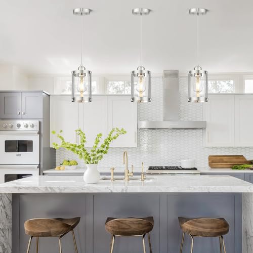 Brushed Nickel Pendant Lights Kitchen Islands (Nickel + Clear Glass / 1-Light Pendant, 3 Pack)