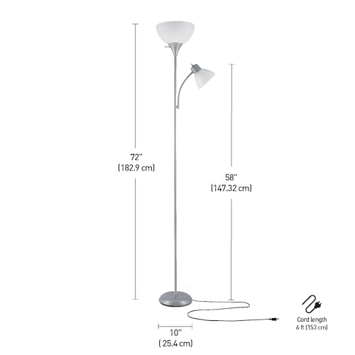 67134 72" Torchiere Floor Lamp and Adjustable Reading Light (Silver / 1 Pack)