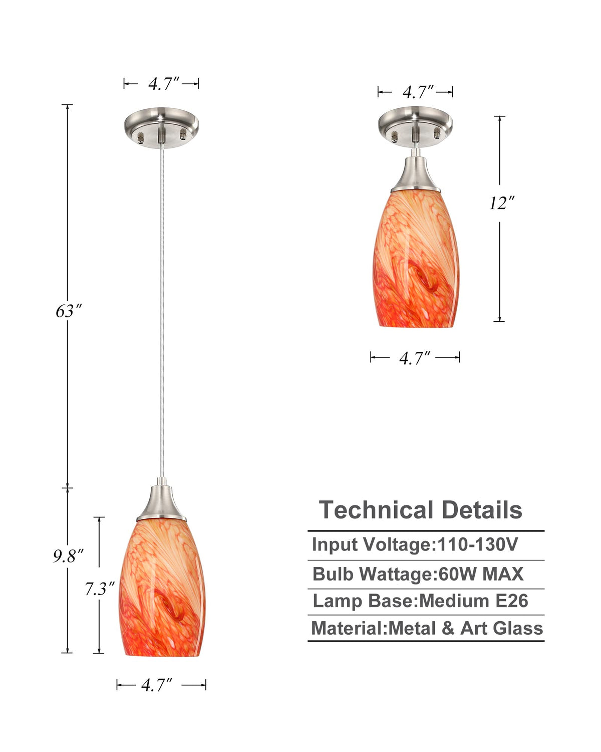 Art Glass Mini Pendant Lights Kitchen Island Marble Glass Pendant Light Shade with Brushed Nickel Finish Ceiling Hanging Lights for Kitchen Over Sink (Red marble -1Pack)