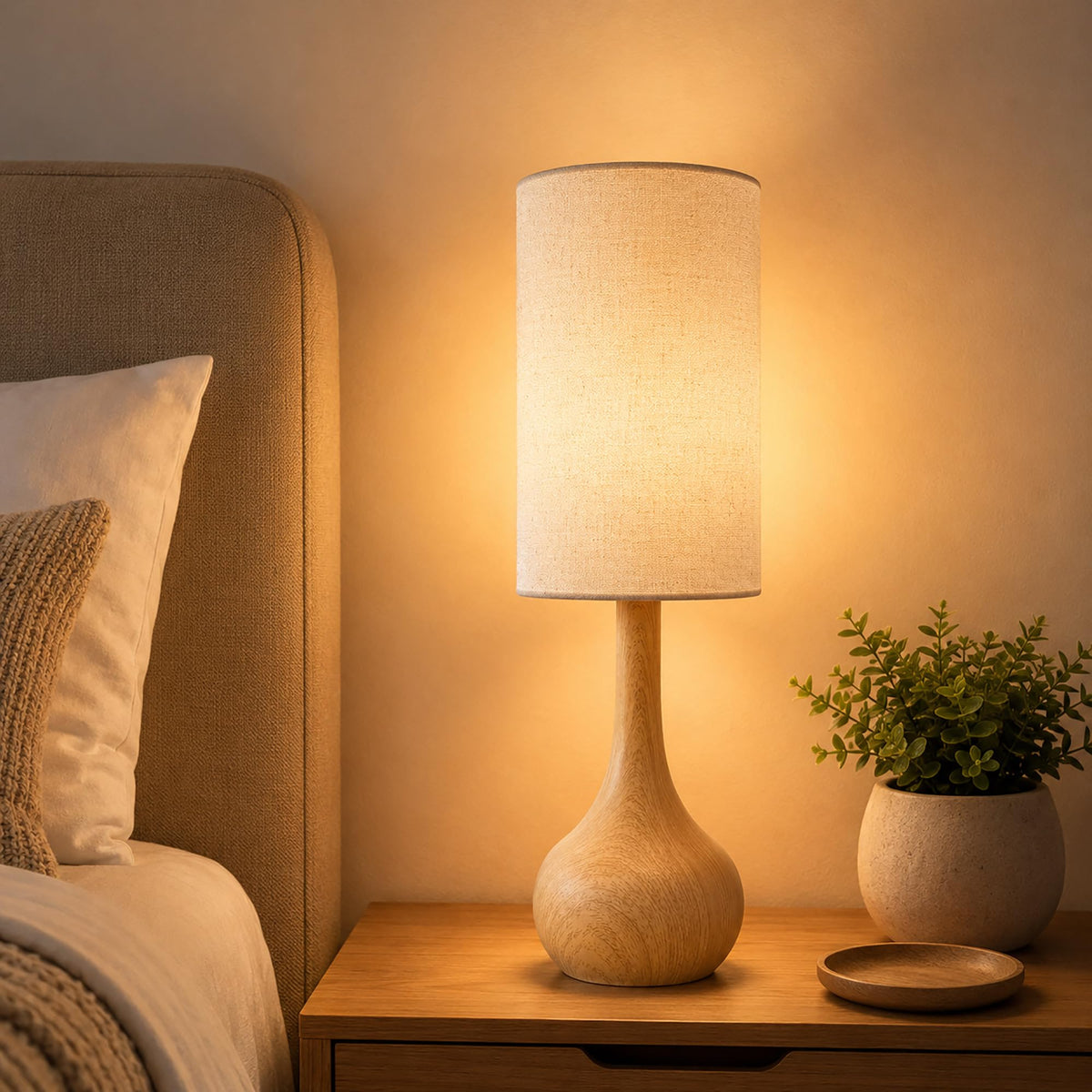Wood Grain Touch Table Lamp for Nightstand (Wood Grain)