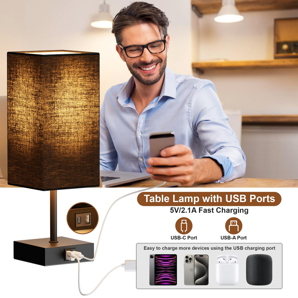 Bedside Table Lamp for Bedroom with 2 USB Ports (Black / 1-Pack)