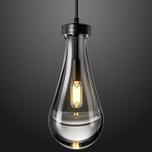 Raindrop Pendant Lights Kitchen Island Teardrop Black Hanging Light Fixtures Clear Solid Glass Pendant Light Modern Chandeliers for Dining Room Porch Corridor Living Room… (Black / 1-Pack)