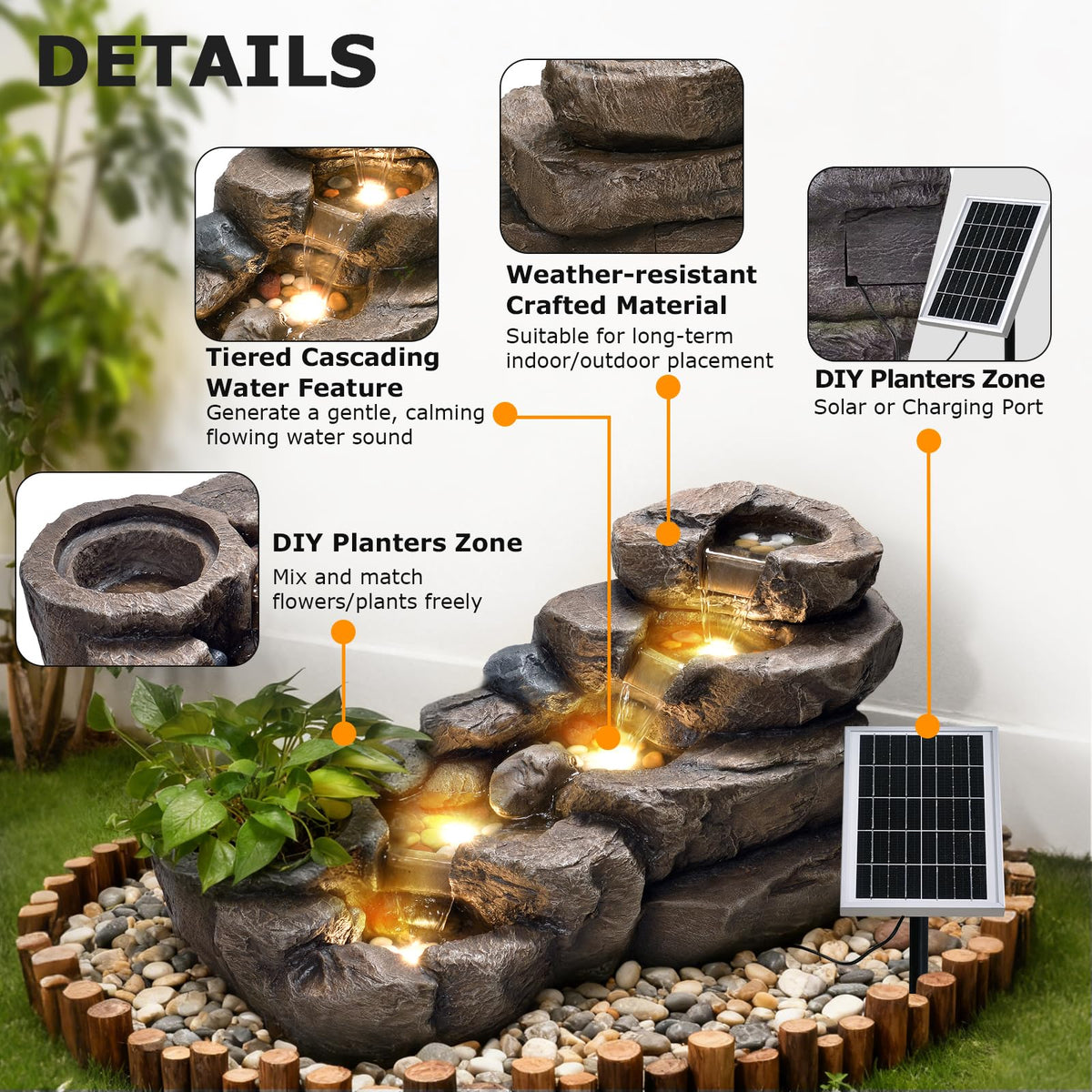 38.2" L Solar Water Fountain Outdoor Rock Waterfall Fountains (38.2’’L / Solar -Brown)