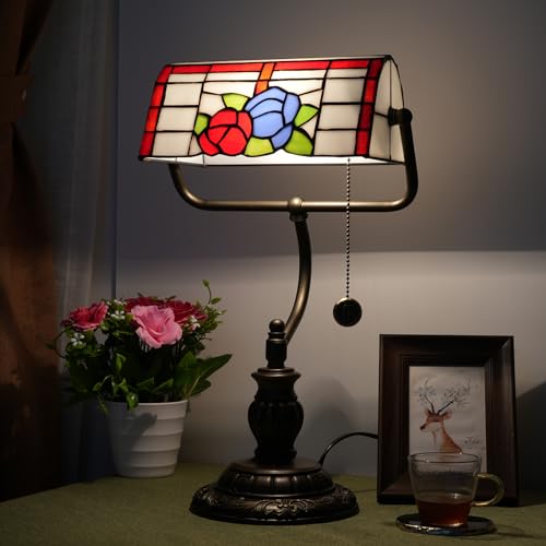 Tiffany Bankers Lamp Red Blue Rose Flowers Stained Glass Desk Lamp with Zipper Pull Chain Tiffany Style Vintage Bedroom Bedside Light Adjustable Angle Aesthetic Antique Accent Reading Desk Light (Red Blue Rose Flowers)